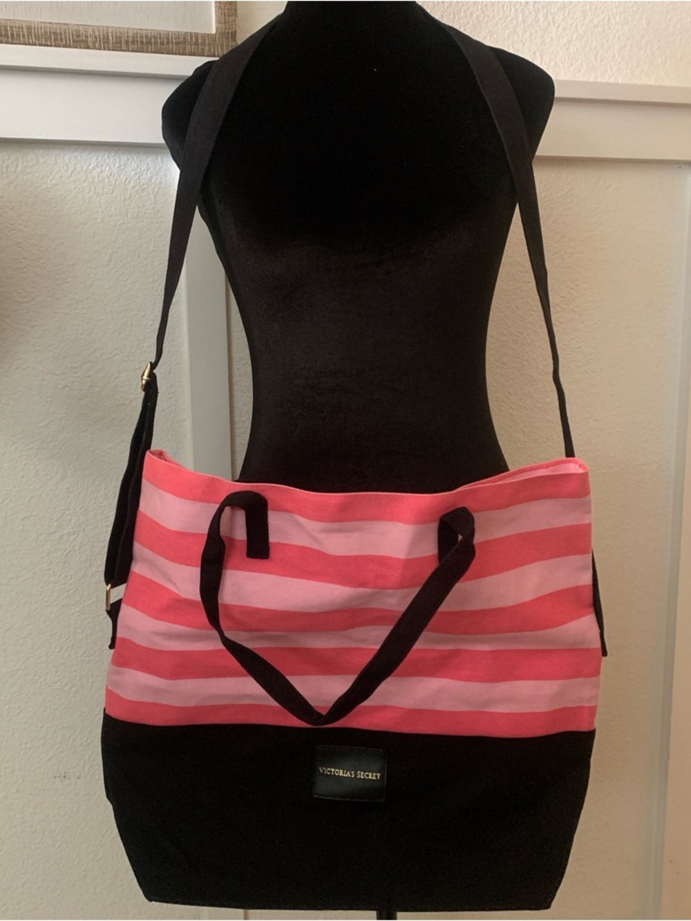 Victoria's Secret Pink Striped Canvas Tote with Black Base